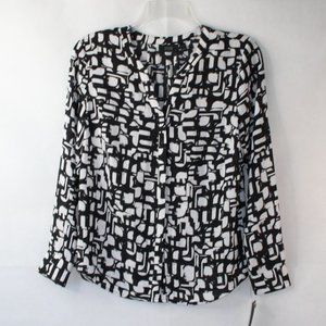 APT 9 ESSENTIALS PETITE BLOUSE TOP NWT SZ PS WOMENS BLACK WHITE GEOMETRIC PRINT